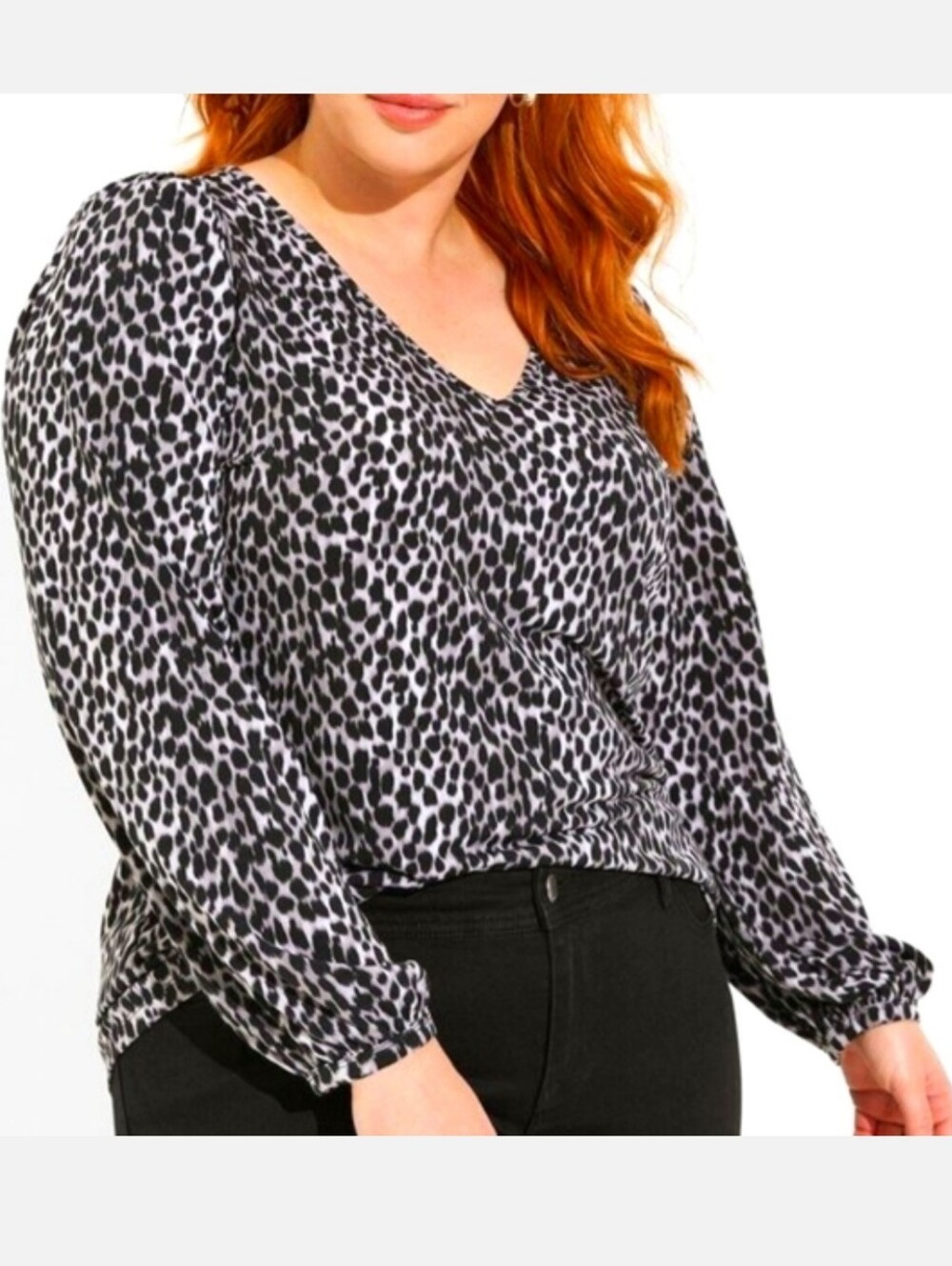 Torrid Studio Knit V Neck Puff Sleeve Top Long Sleeve 2X Leopard Black Gray